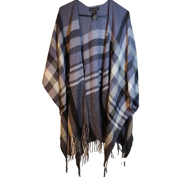 Banana Republic Plaid Shawl Women's One Size Knit Fringe Blue Gray Cashmere - Picture 1 of 5